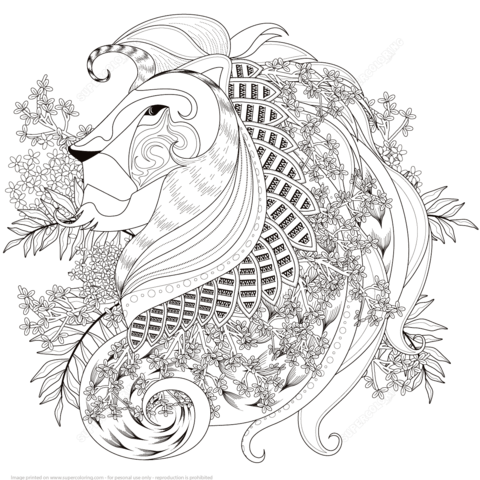 Zentagle Lion With Floral Elements Coloring Page